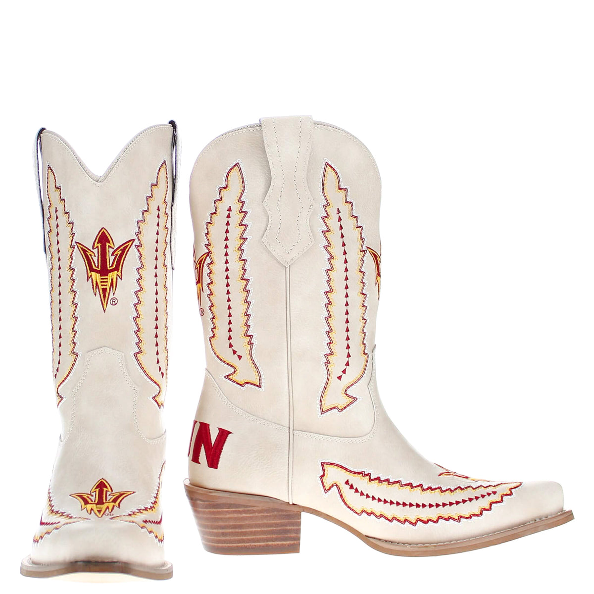 Two cream western cowboy boots showing side profile and shaft V-stitch embroidery.