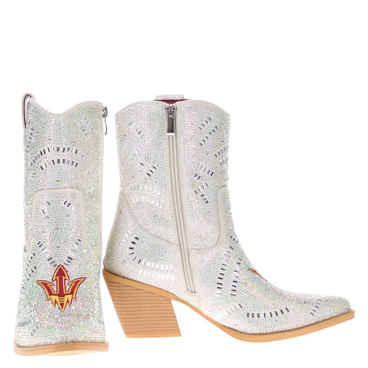 Rhinestone cowboy boots with side zipper and tall shaft, red logo on side, tan heel