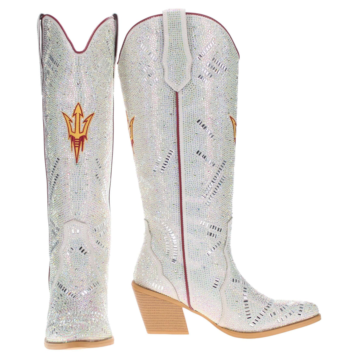 White-silver rhinestone cowboy boots with tan heel and orange emblem on shaft