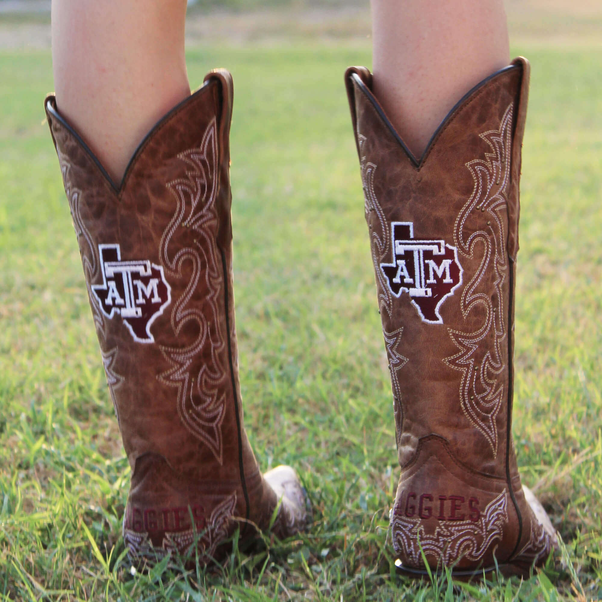 Women's Texas A&M Aggies Cowgirl Boots | Gold studs Brown Snip Toe Boots | Officially Licensed | Annie