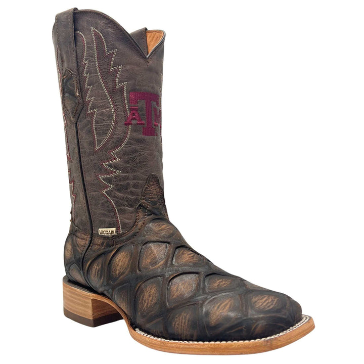 Men's University of Texas A&M Aggies Mocha/Mocha Pirarucu Print Square Toe Cowboy Boots Cooper by Vaccari