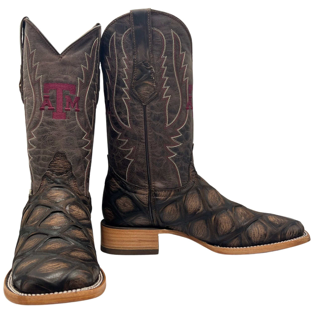 Men's University of Texas A&M Aggies Mocha/Mocha Pirarucu Print Square Toe Cowboy Boots Cooper by Vaccari