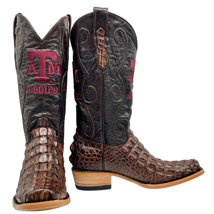 Men's Texas A&M Aggies Brown JW Toe Hornback American Alligator Cowboy Boots David by Vaccari