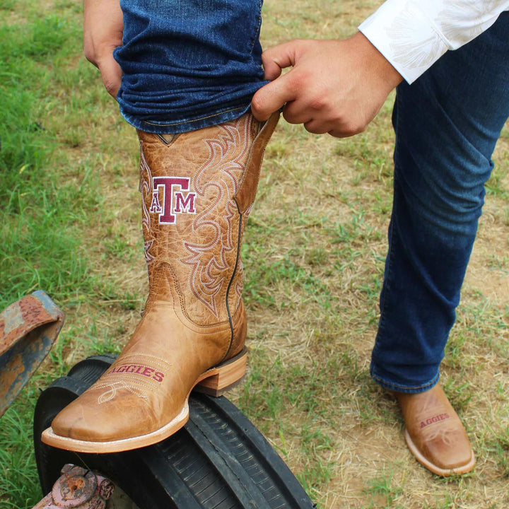 Men's Texas A&M Aggies Tan Leather Square Toe Cowboy Boots by Vaccari