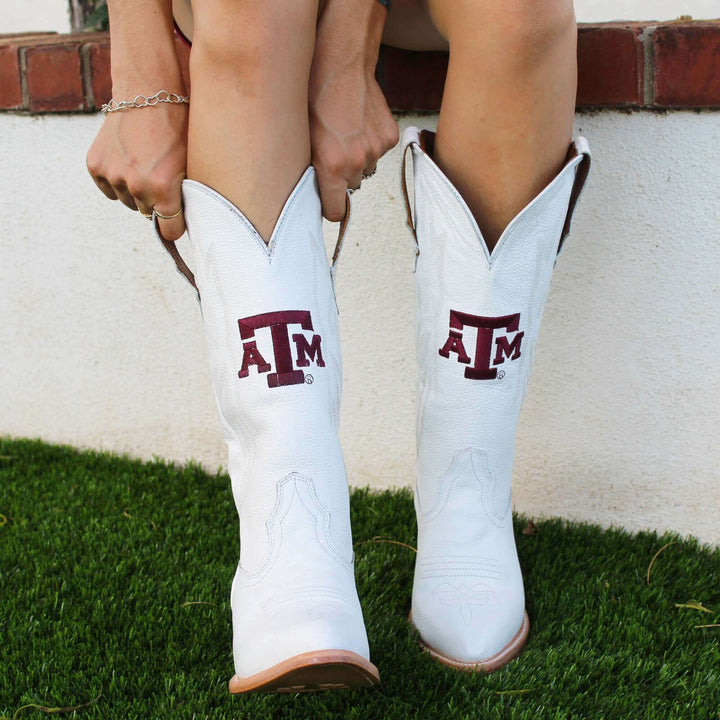 Women's Texas A&M Aggies All White Pointed Toe Cowgirl Boots Leighton Vaccari University