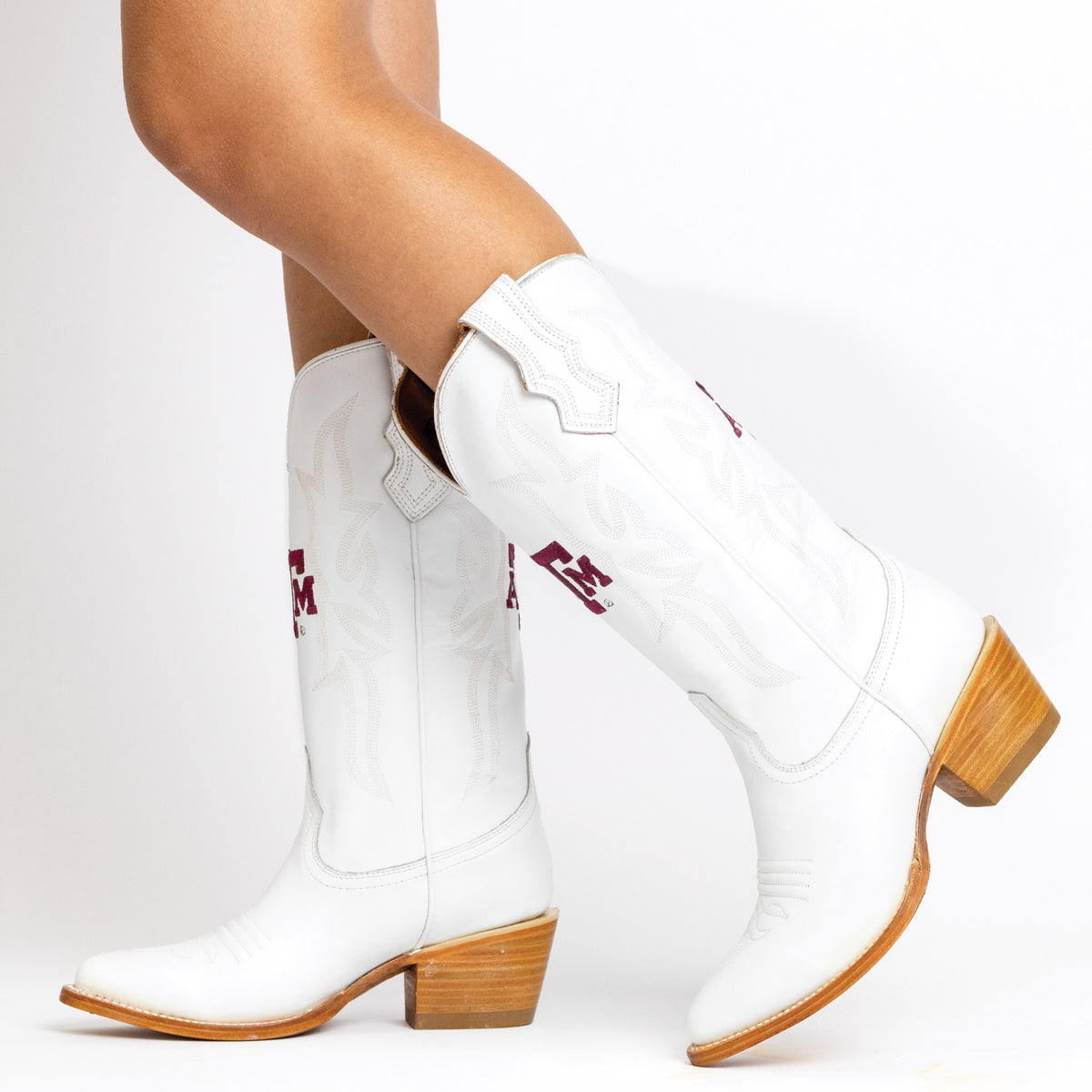 Leighton white cowboy boots with stitched detailing and tan mid heels