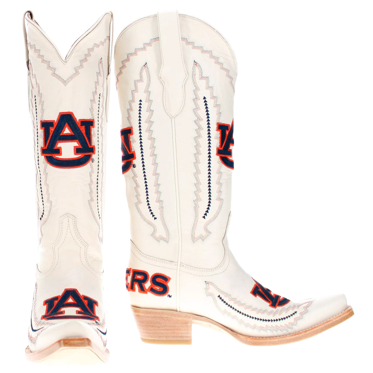 Pair of white cowboy boots with Auburn logos, stitched panels, and wood heels