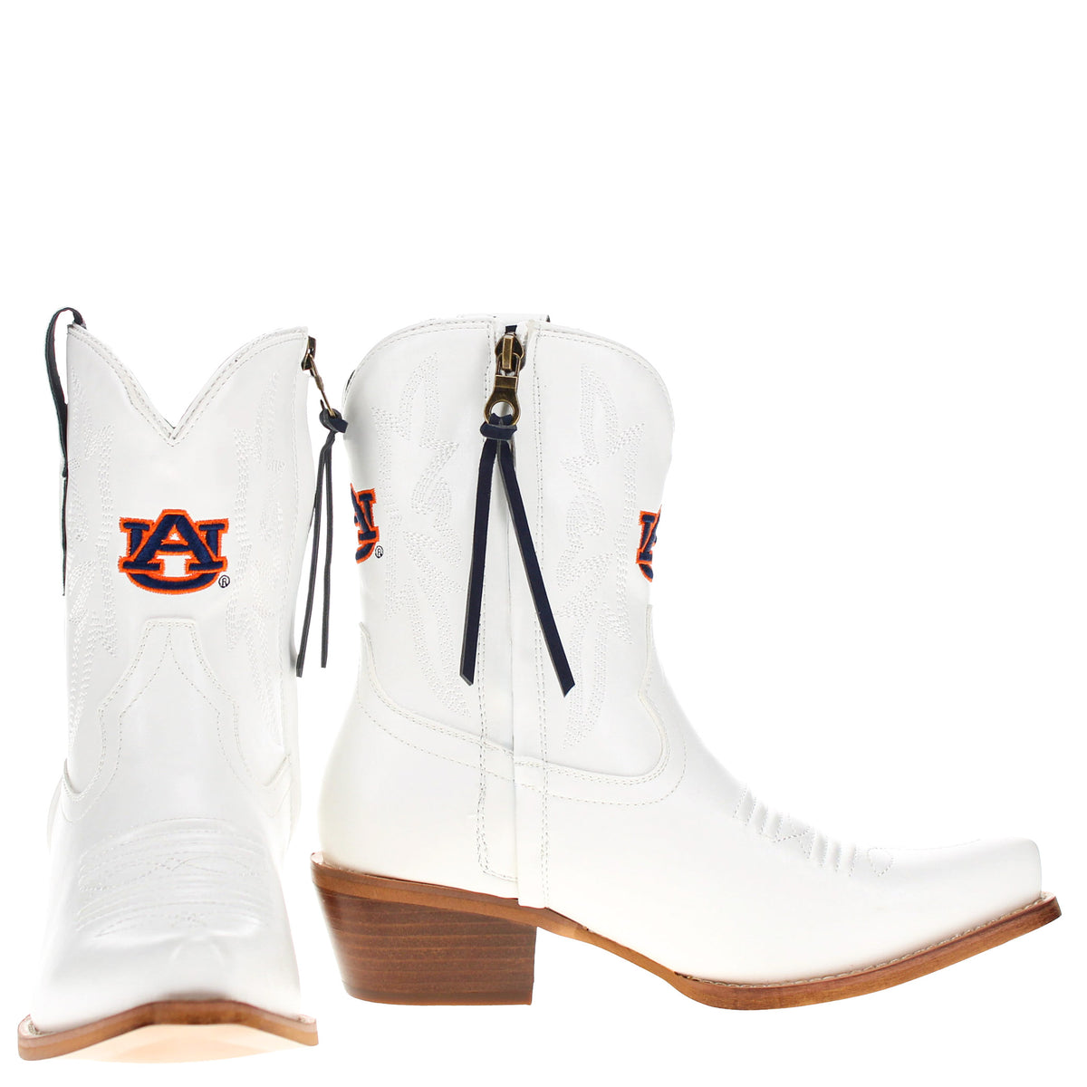 Pair of white cowboy boots with Auburn logos and navy tassel straps