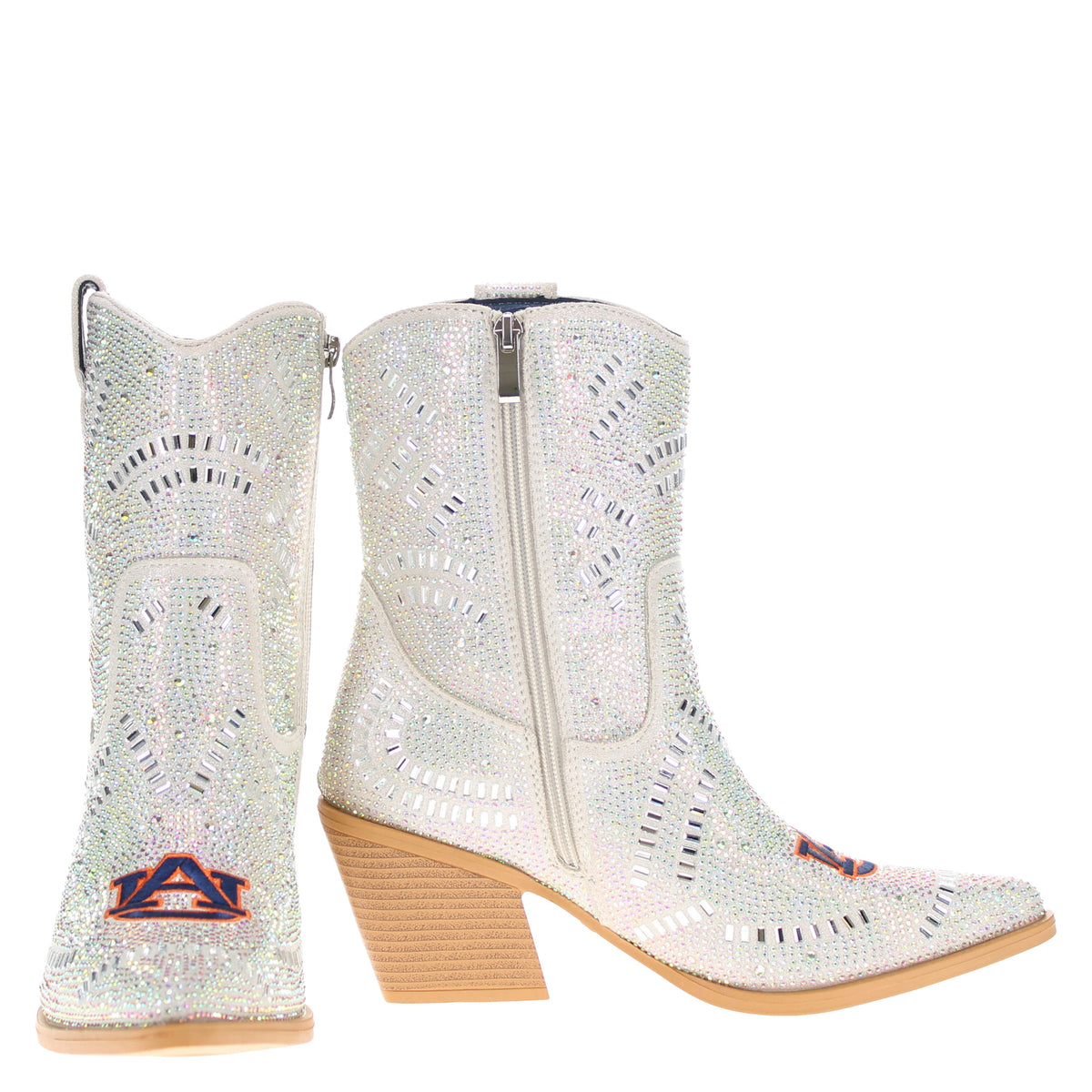 Pair of sparkly mid-calf cowboy boots with tan stacked heels and side zippers