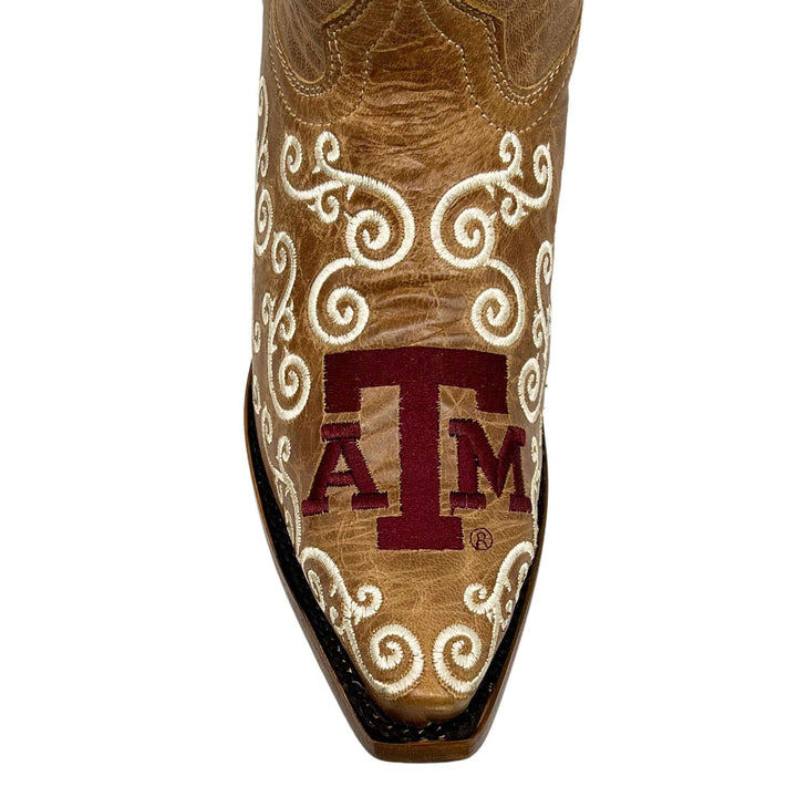Women's Texas A&M Aggies Cowgirl Boots | White Scroll Embroidery Tan Snip Toe Boots | Officially Licensed | Claire