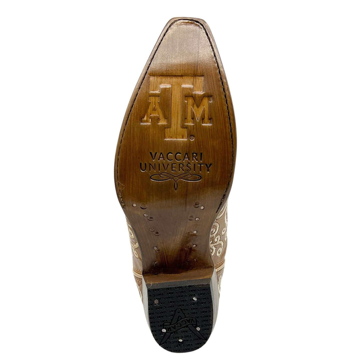 Women's Texas A&M Aggies Cowgirl Boots | White Scroll Embroidery Tan Snip Toe Boots | Officially Licensed | Claire
