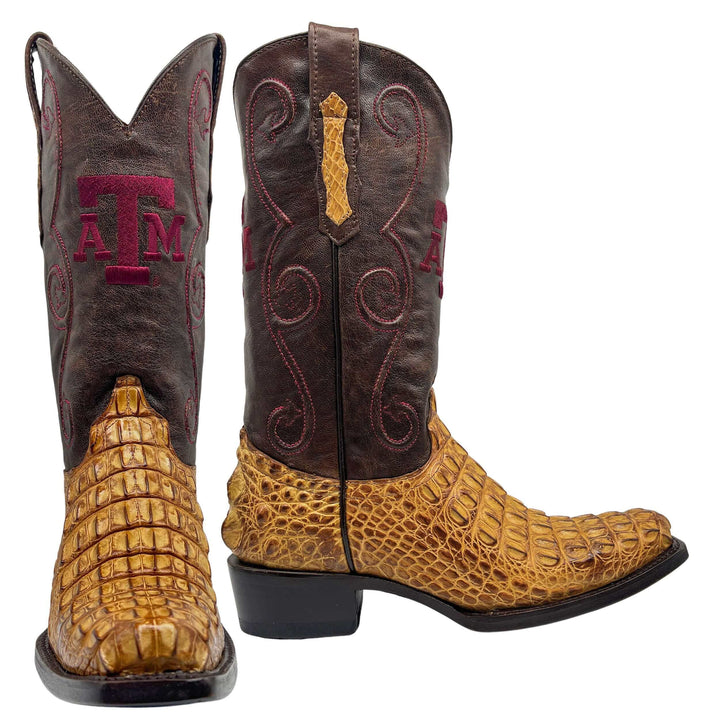 Men's University of Texas A&M Aggies Tan JW Toe Hornback American Alligator Cowboy Boots David by Vaccari