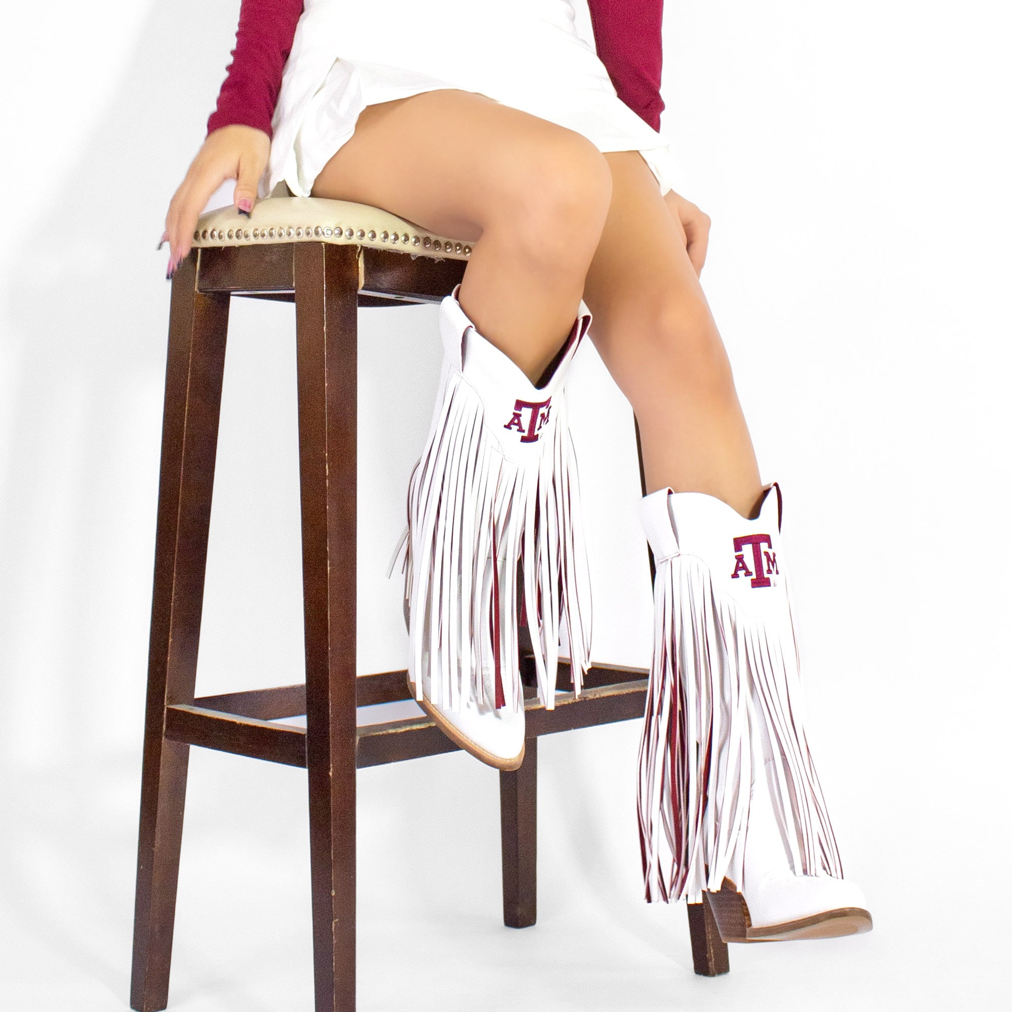 Women's Texas A&M University Kacey White Fringe Boot By V By Vaccari