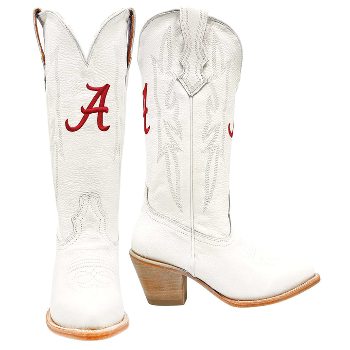 Women's University of Alabama Crimson Tide All White Pointed Toe Cowgirl Boots Leighton by Vaccari