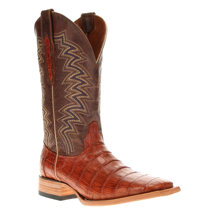 Mens black leather western boots with round toe and decorative stitching, featuring full-quill ostrich leather on the foot for added texture.