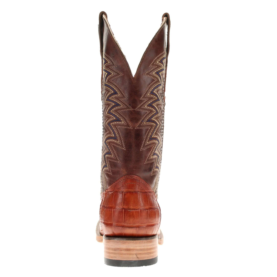Mens black leather western boots with round toe and decorative stitching, featuring full-quill ostrich leather on the foot for added texture.