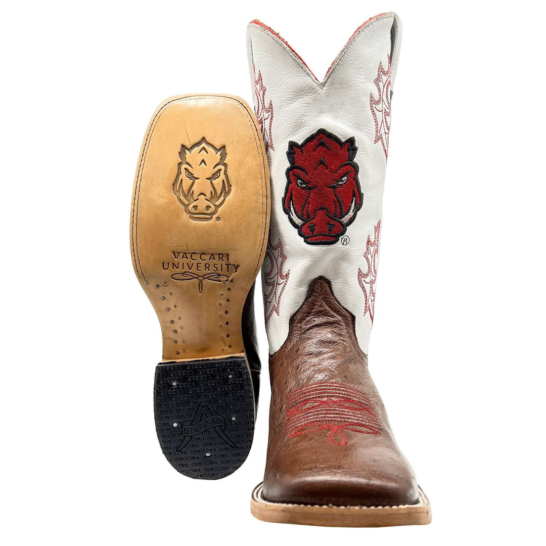 Men's University of Arkansas Razorbacks Mocha Broad Square Smooth Ostrich Cowboy Boots Brooks by Vaccari