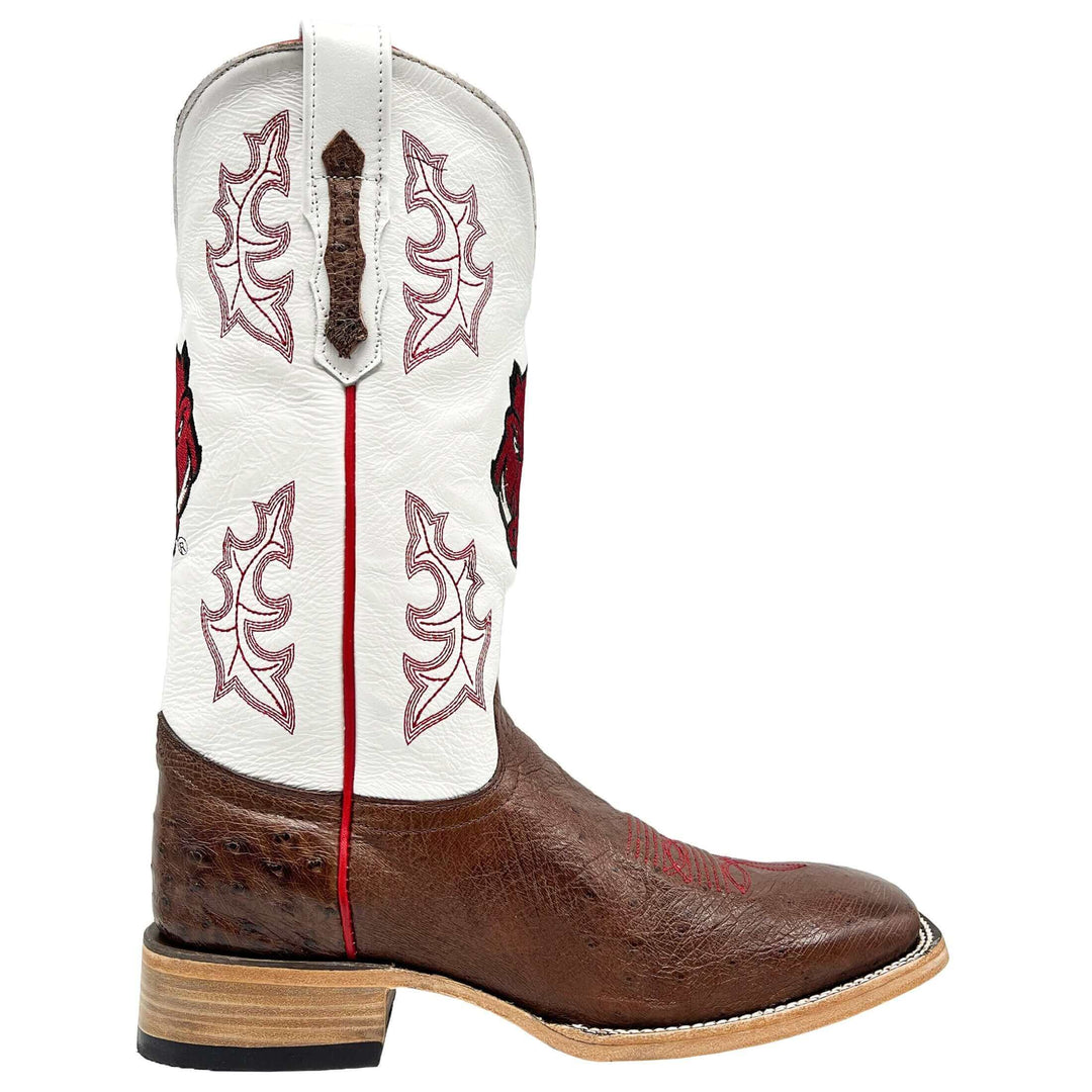 Men's University of Arkansas Razorbacks Mocha Broad Square Smooth Ostrich Cowboy Boots Brooks by Vaccari