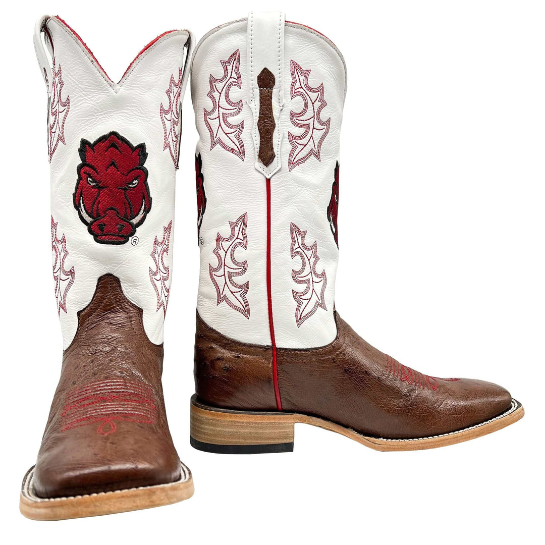 Men's University of Arkansas Razorbacks Mocha Broad Square Smooth Ostrich Cowboy Boots Brooks by Vaccari