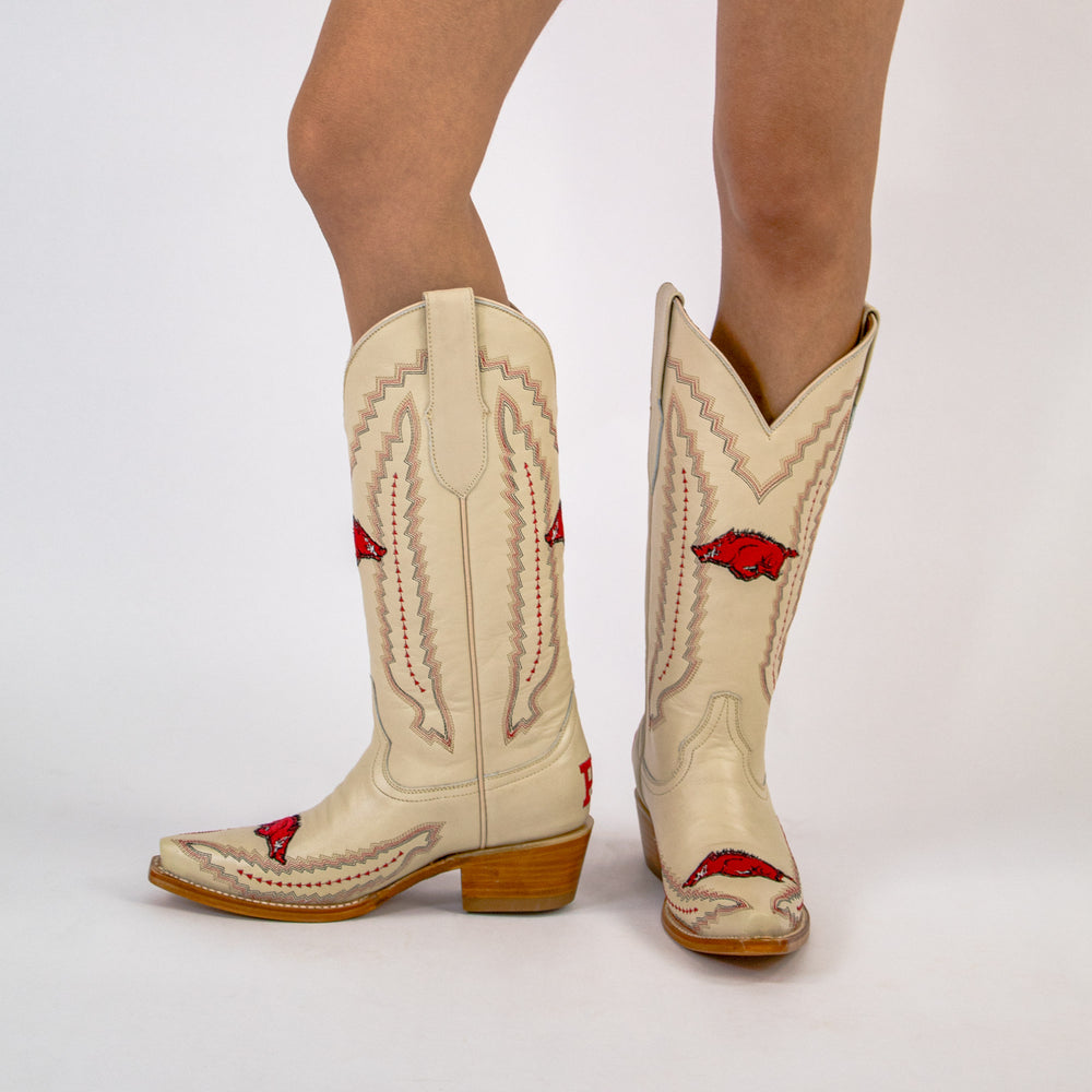 Women's University Arkansas Razorbacks Cowgirl Boots | Arkansas White Snip Toe Boots | Officially Licensed | Naomi