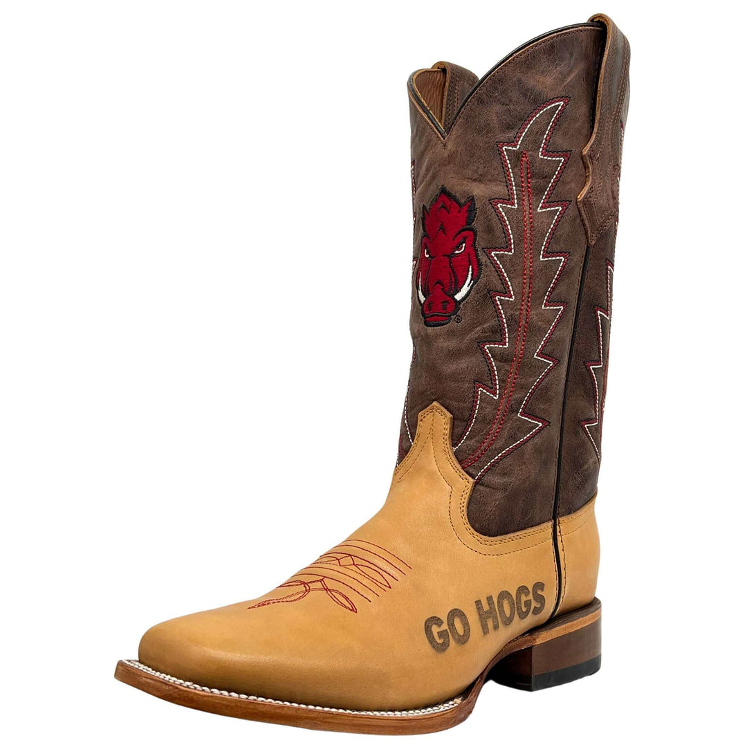 Men's University of Arkansas Razorbacks Tan/Mocha Broad Square Cowboy Boots Weston by Vaccari