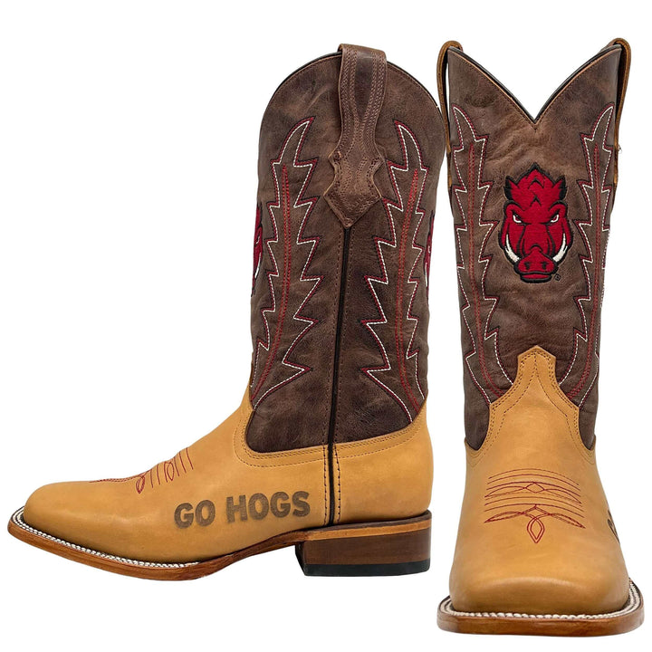 Men's University of Arkansas Razorbacks Tan/Mocha Broad Square Cowboy Boots Weston by Vaccari