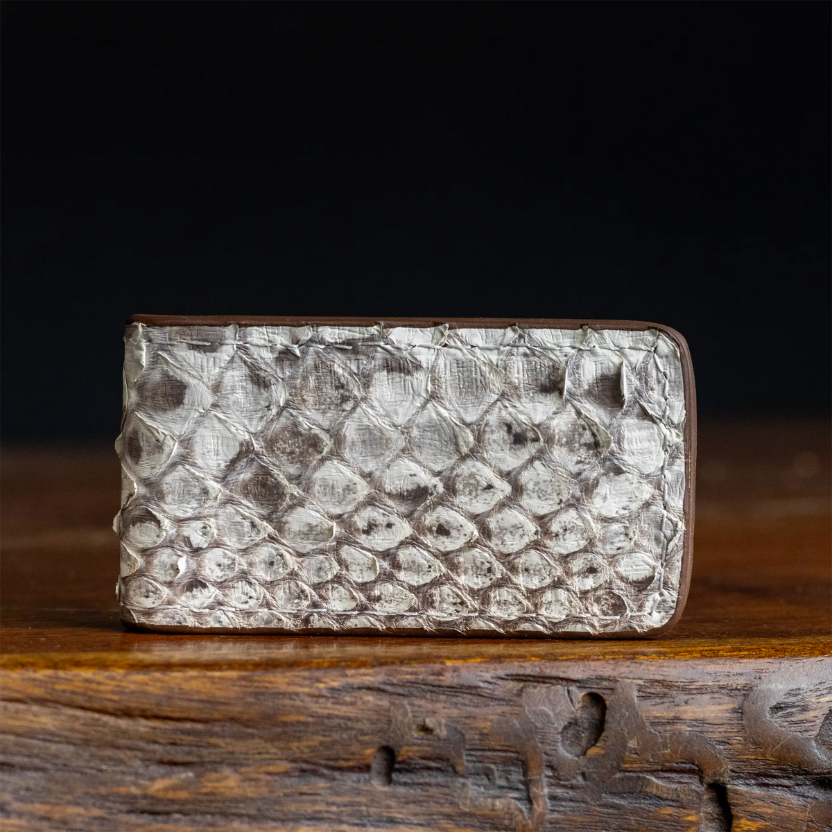 Python-pattern leather money clip in silver-gray with folded edges