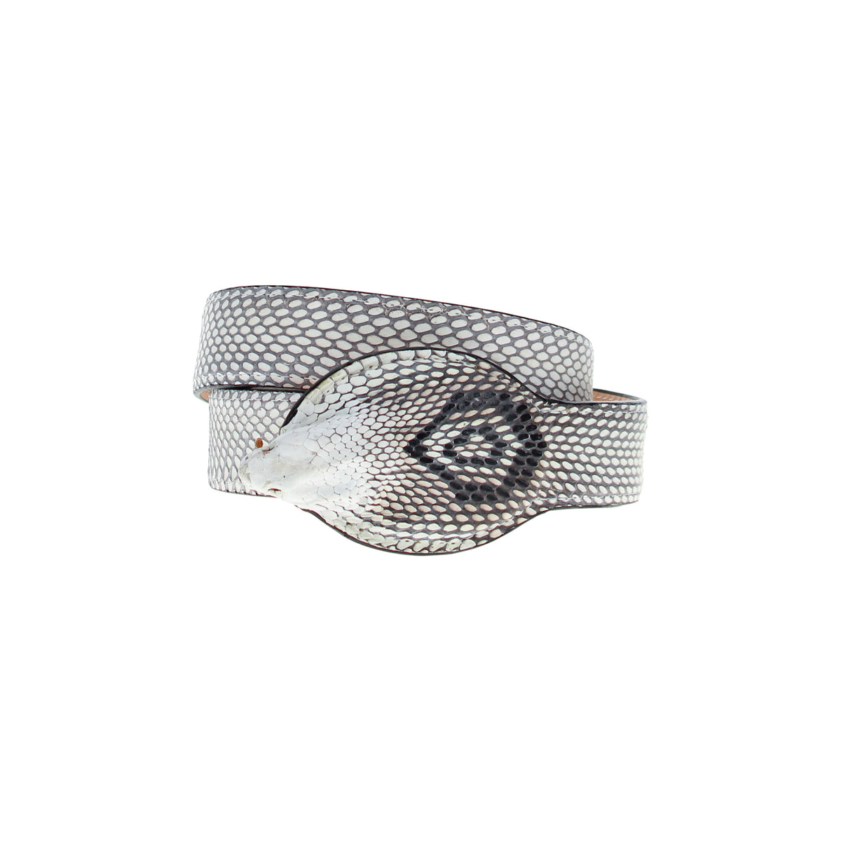 Cobra belt with textured light gray scales and dark patterned buckle center