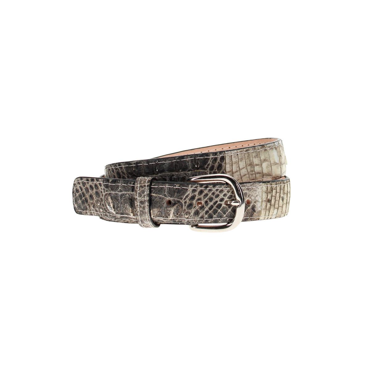 Alligator leather belt with silver buckle, dark print front and light print reverse