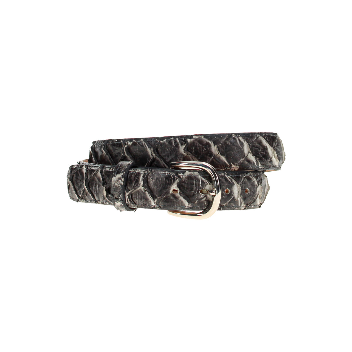 Fish-print belt with dark buckle and stitched edge, textured dark gray