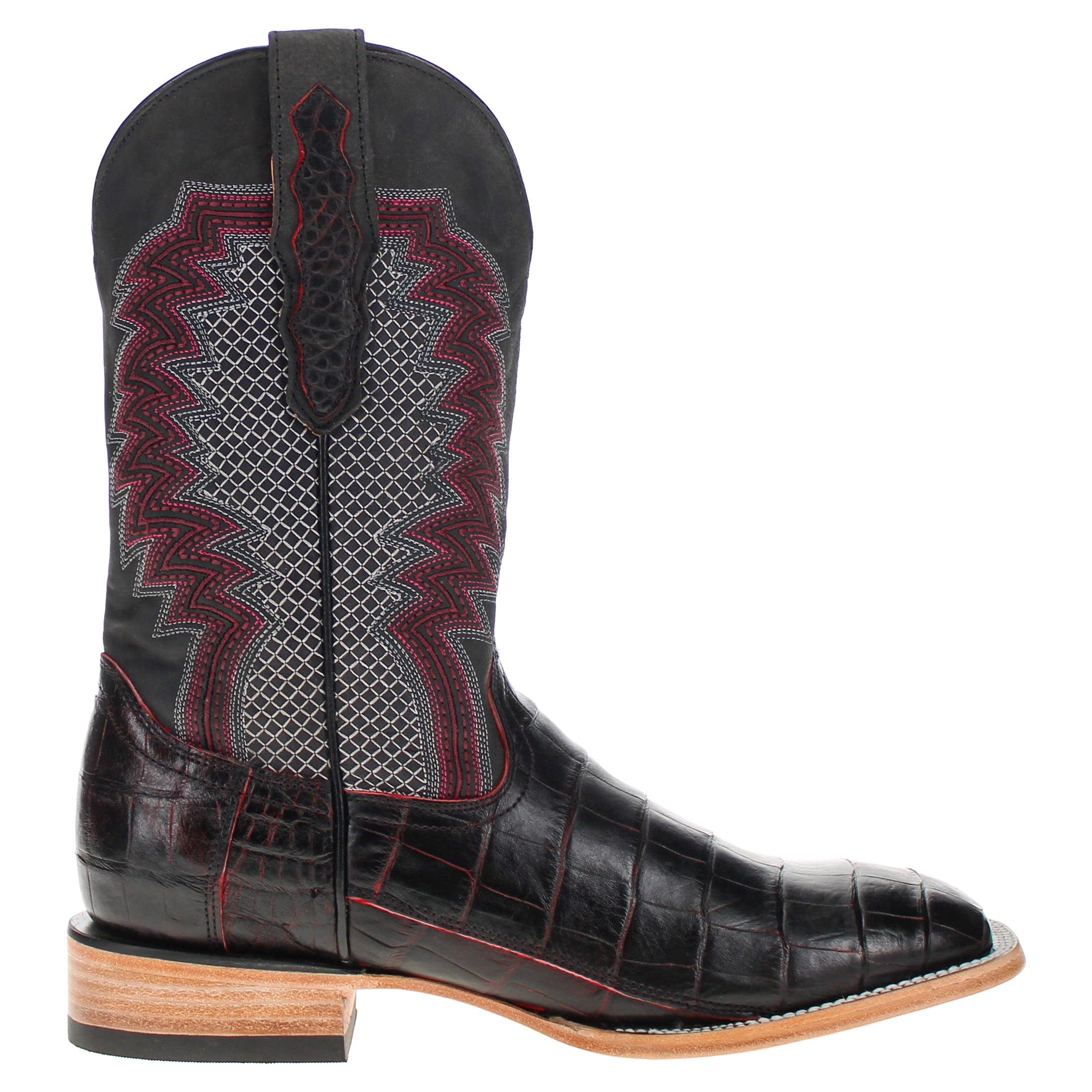 Mens Black Cherry American Alligator Belly Tail Square Toe Cowboy Boots with Similar Look to Caiman by Vaccari