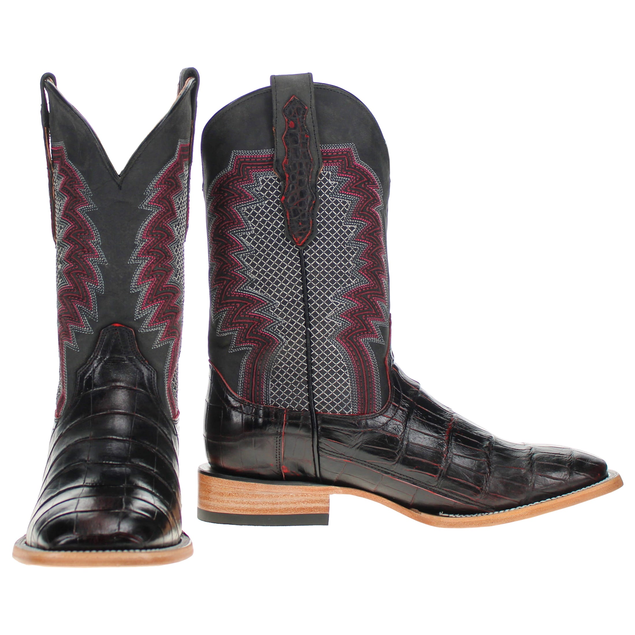 Mens Black Cherry American Alligator Belly Tail Square Toe Cowboy Boots with Similar Look to Caiman by Vaccari