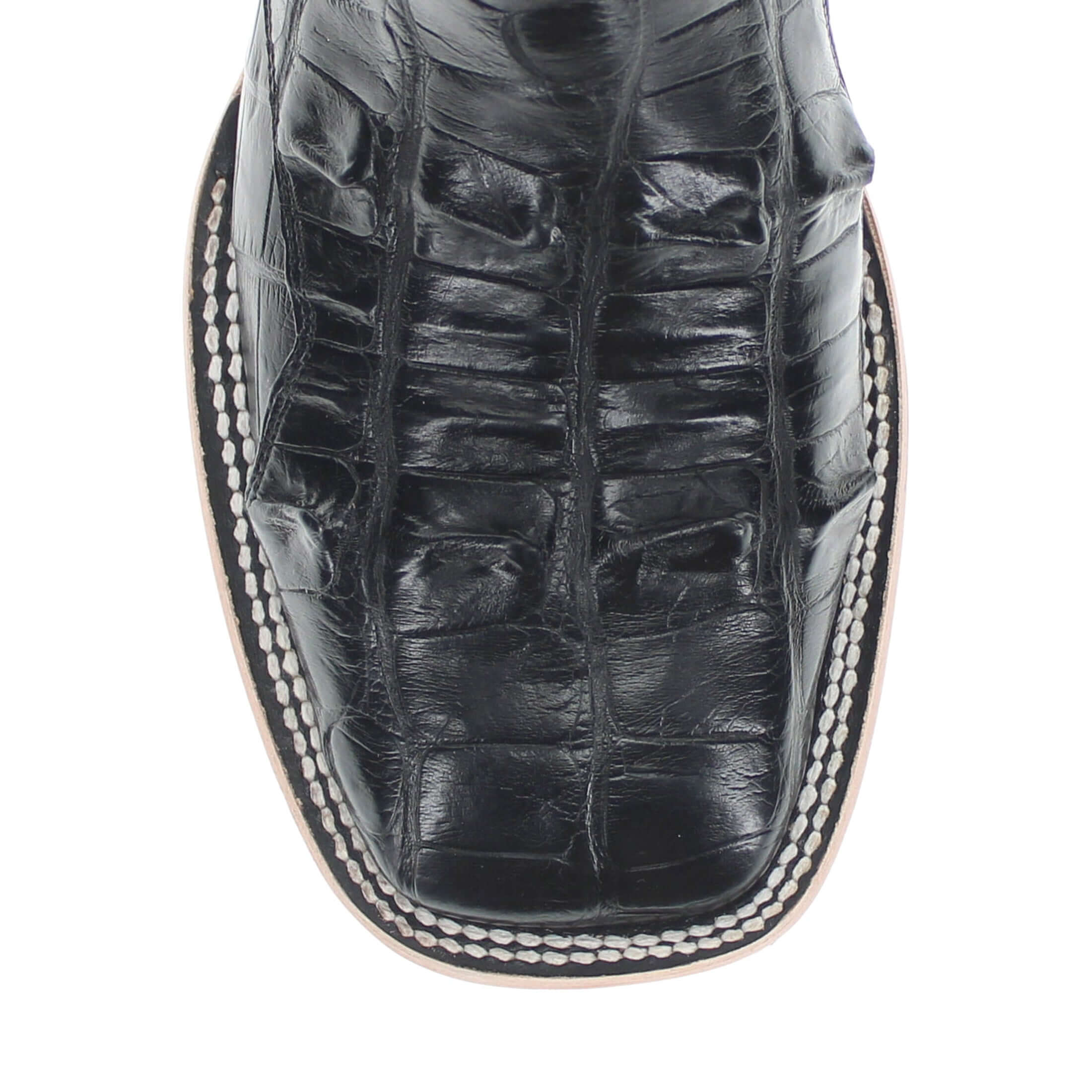 Headcut black American alligator leather cowboy boots with a broad square toe amde by Vaccari boots.
