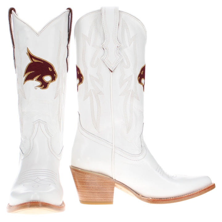 Women's Texas State Bobcats All White Leather Pointed Toe Cowgirl Boots Vaccari