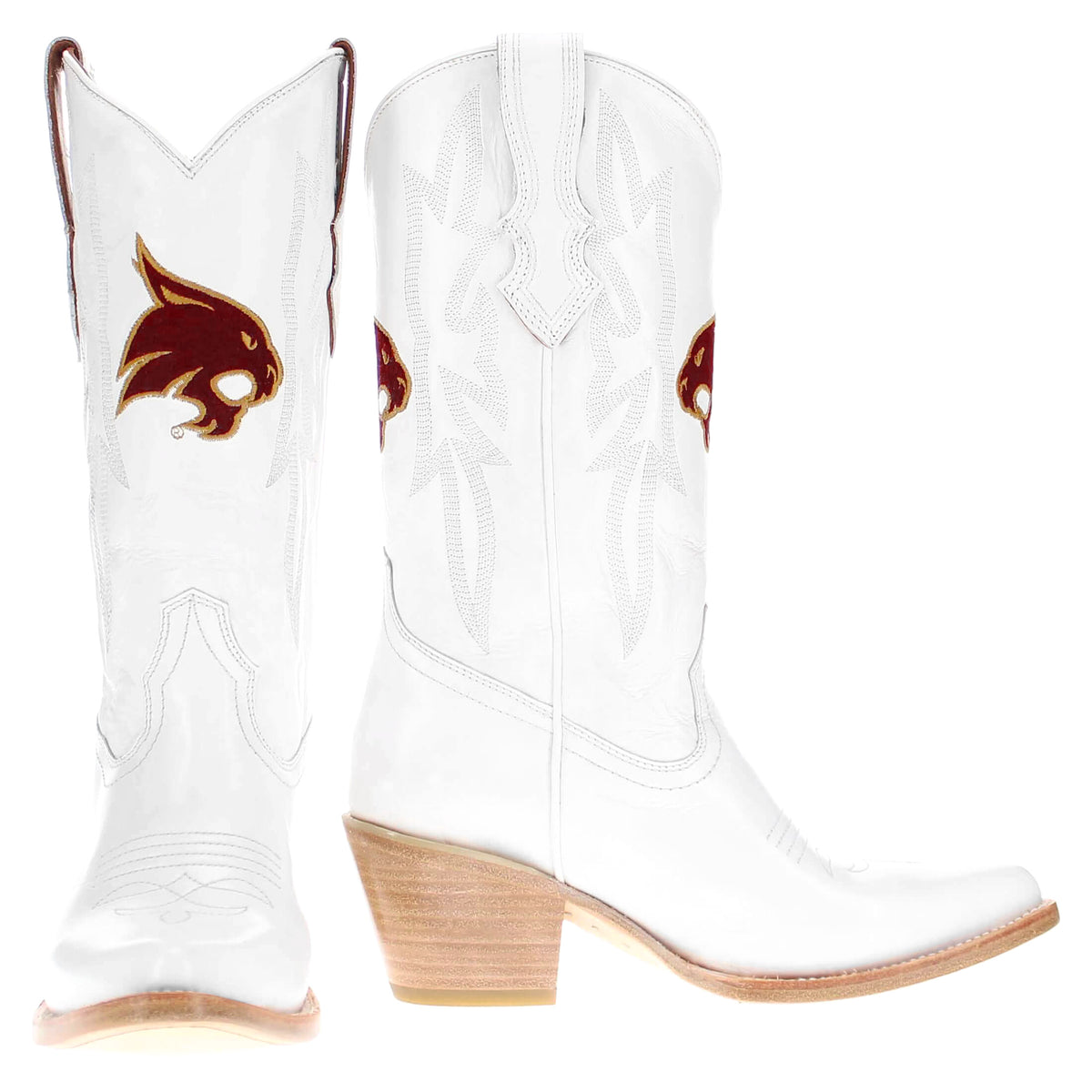 Leighton pair of white cowboy boots with brown fox logos, tan block heel, curved toe