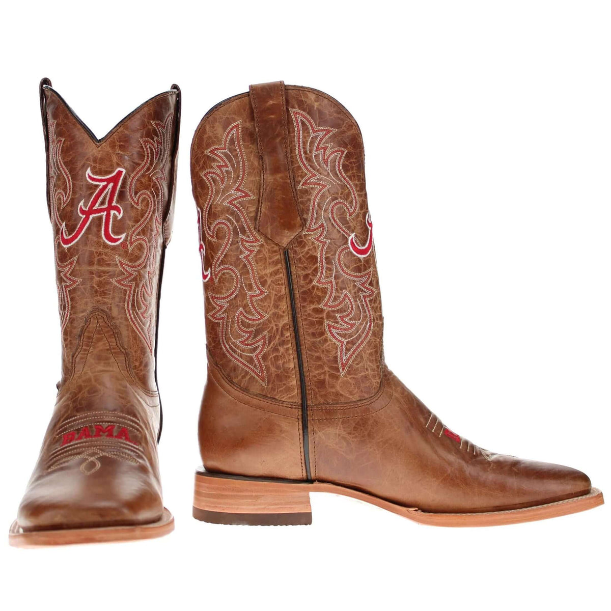 Pair of brown cowboy boots with embroidered Alabama logo and stitched shaft panels