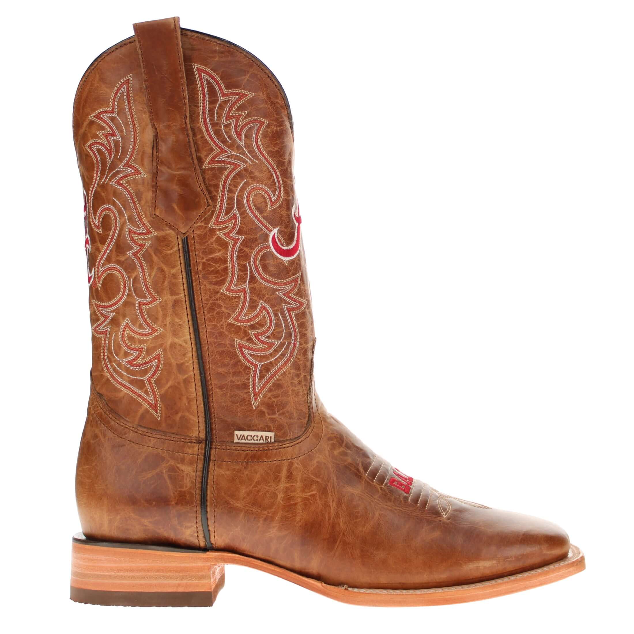 Men's University of Alabama Crimson Tide Tan Leather Square Toe Cowboy Boots by Vaccari