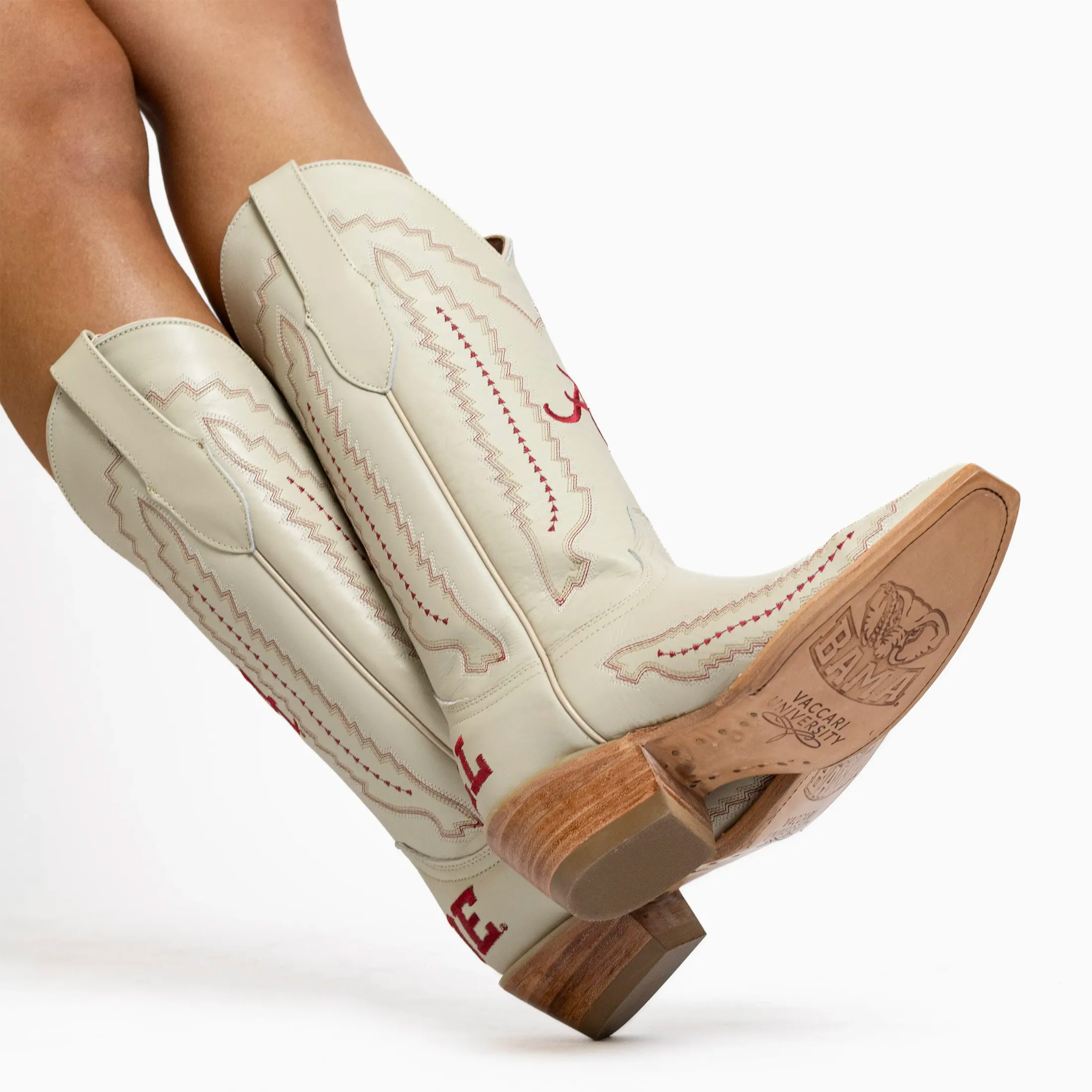 Women's University of Alabama Cowgirl Boots Bone Leather Snip Toe Boots by Vaccari