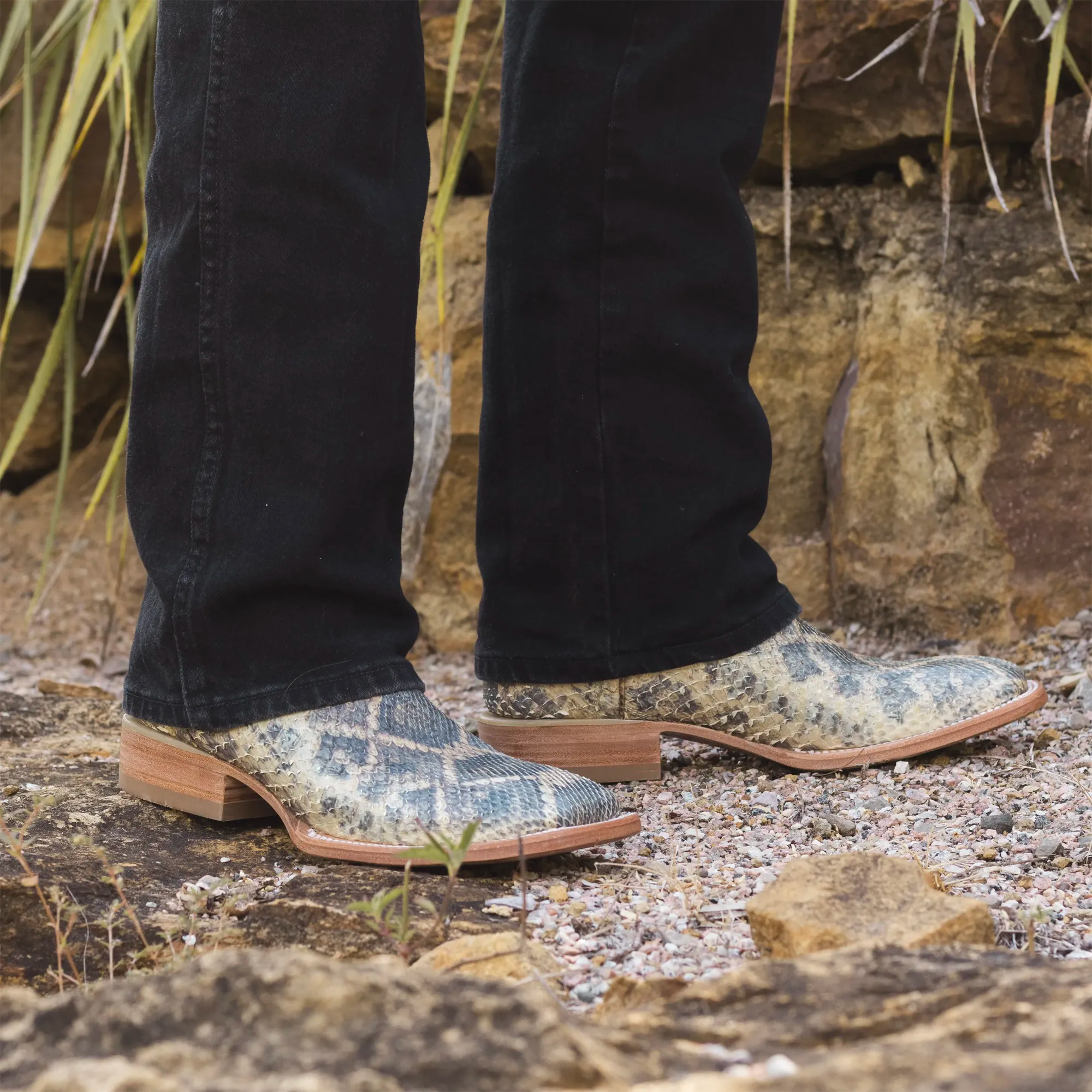 Men's Beige Python with Rattlesnake Overlay Square Toe Cowboy Boots by Vaccari