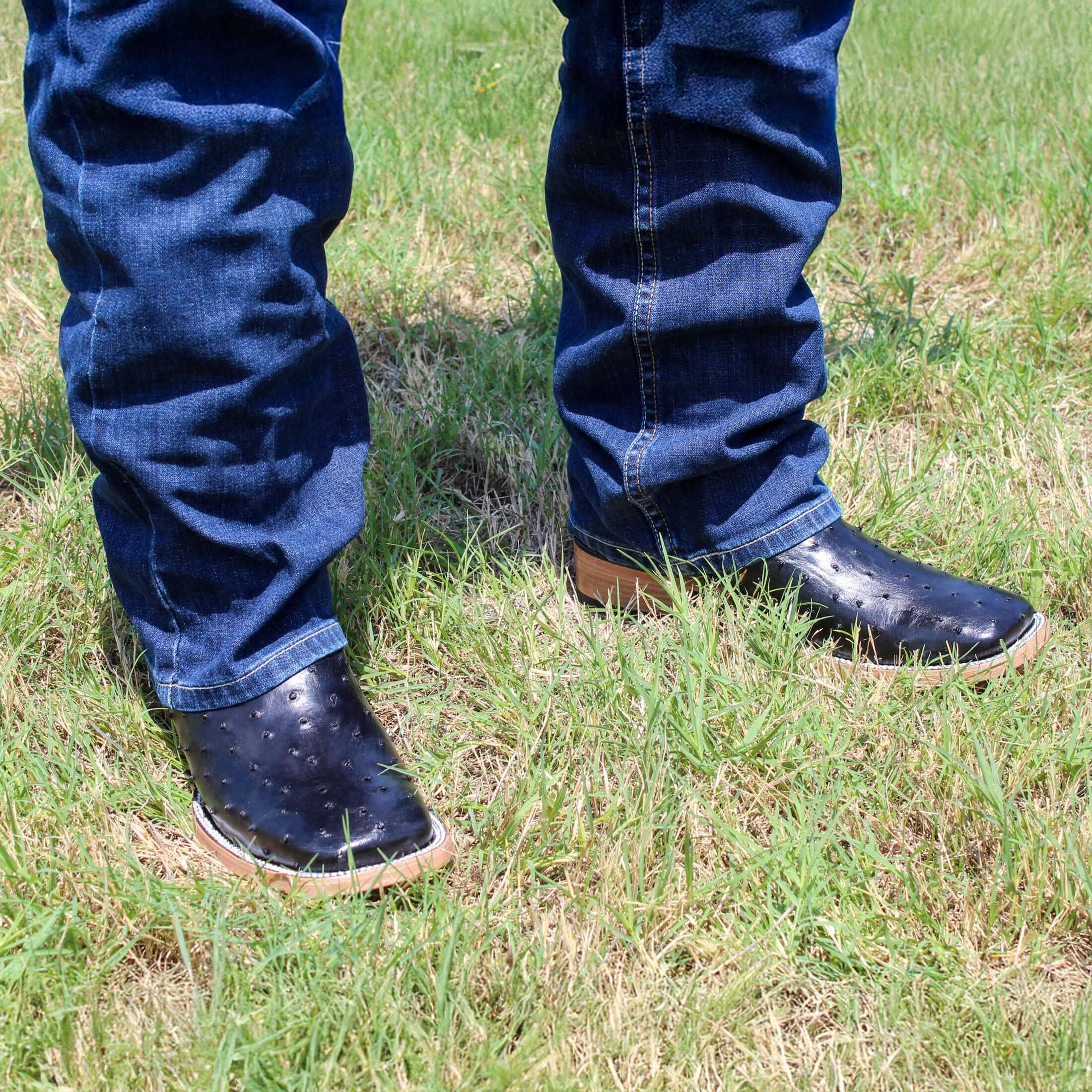 Mens Vaccari Black Full Quill Ostrich Broad Square Toe Boots