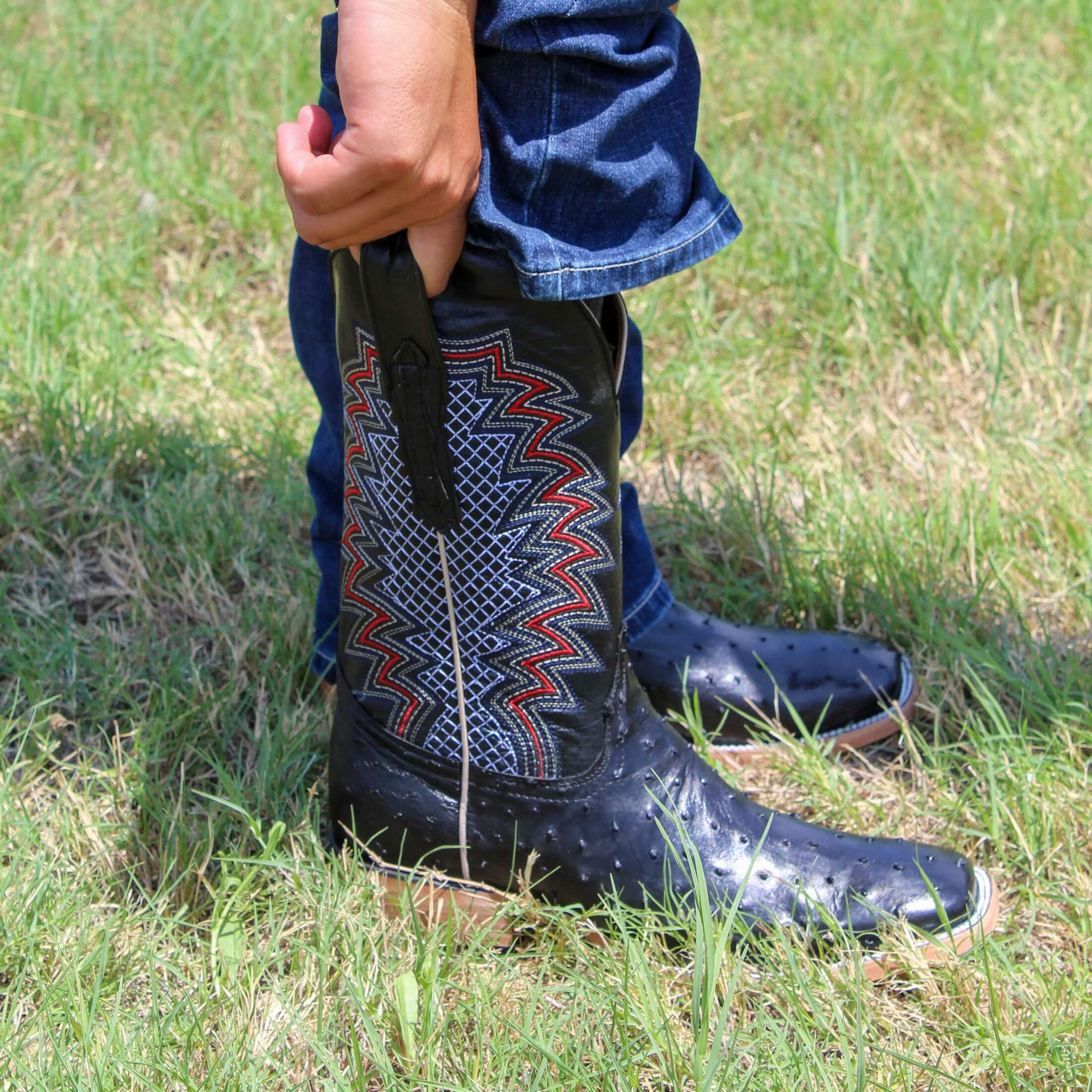 Mens Vaccari Black Full Quill Ostrich Broad Square Toe Boots
