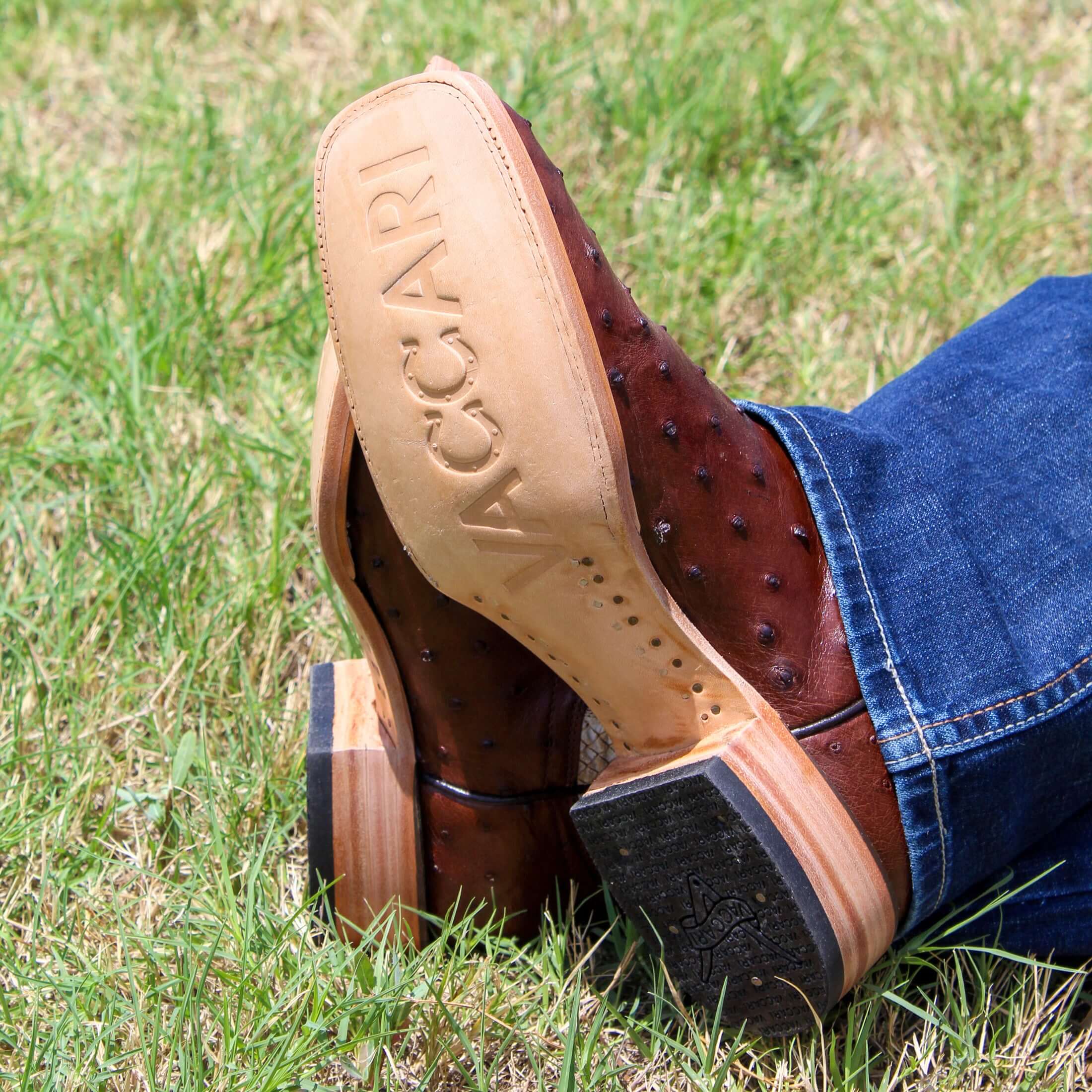 Mens Vaccari Mocha Full Quill Ostrich Broad Square Toe Boots