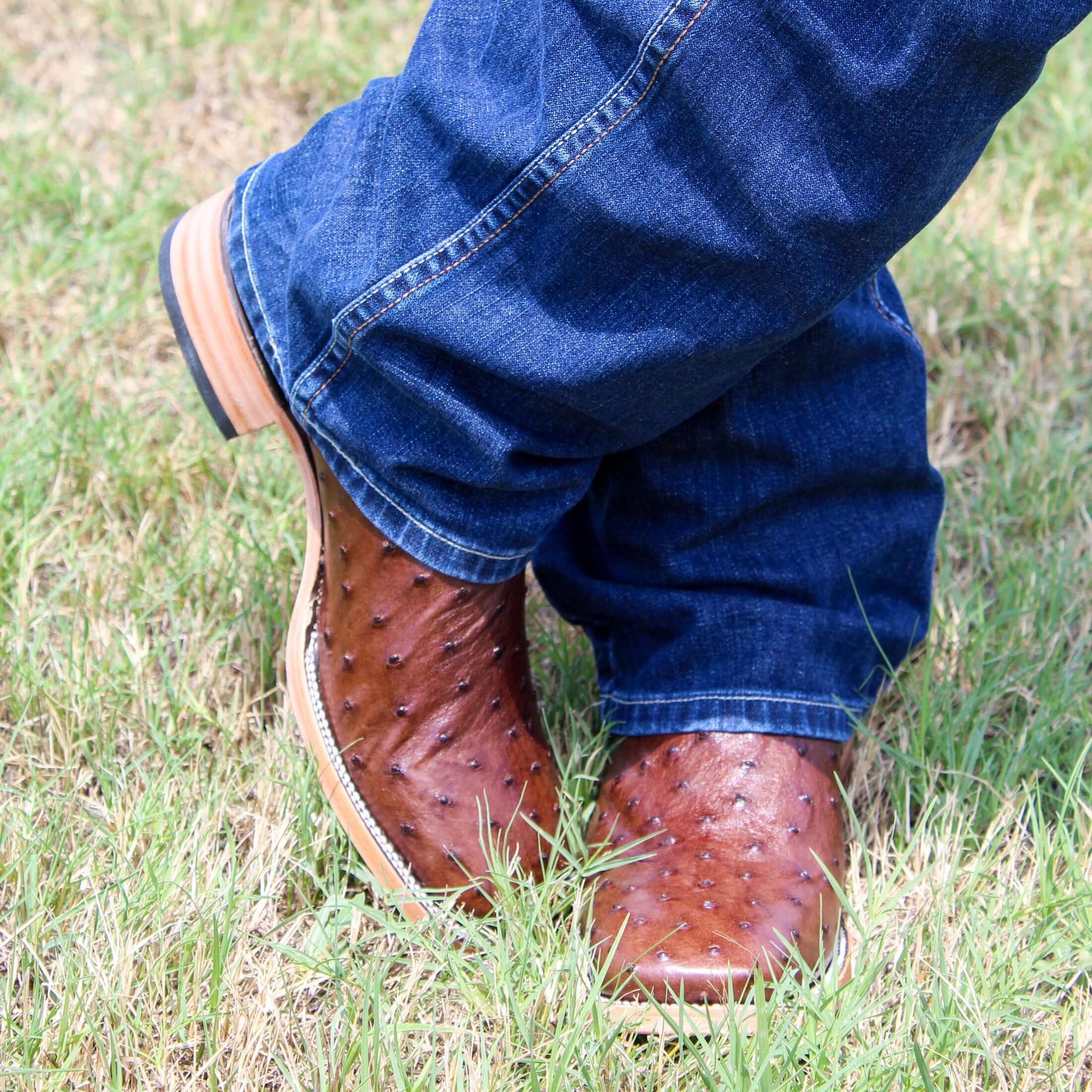 Mens Vaccari Mocha Full Quill Ostrich Broad Square Toe Boots