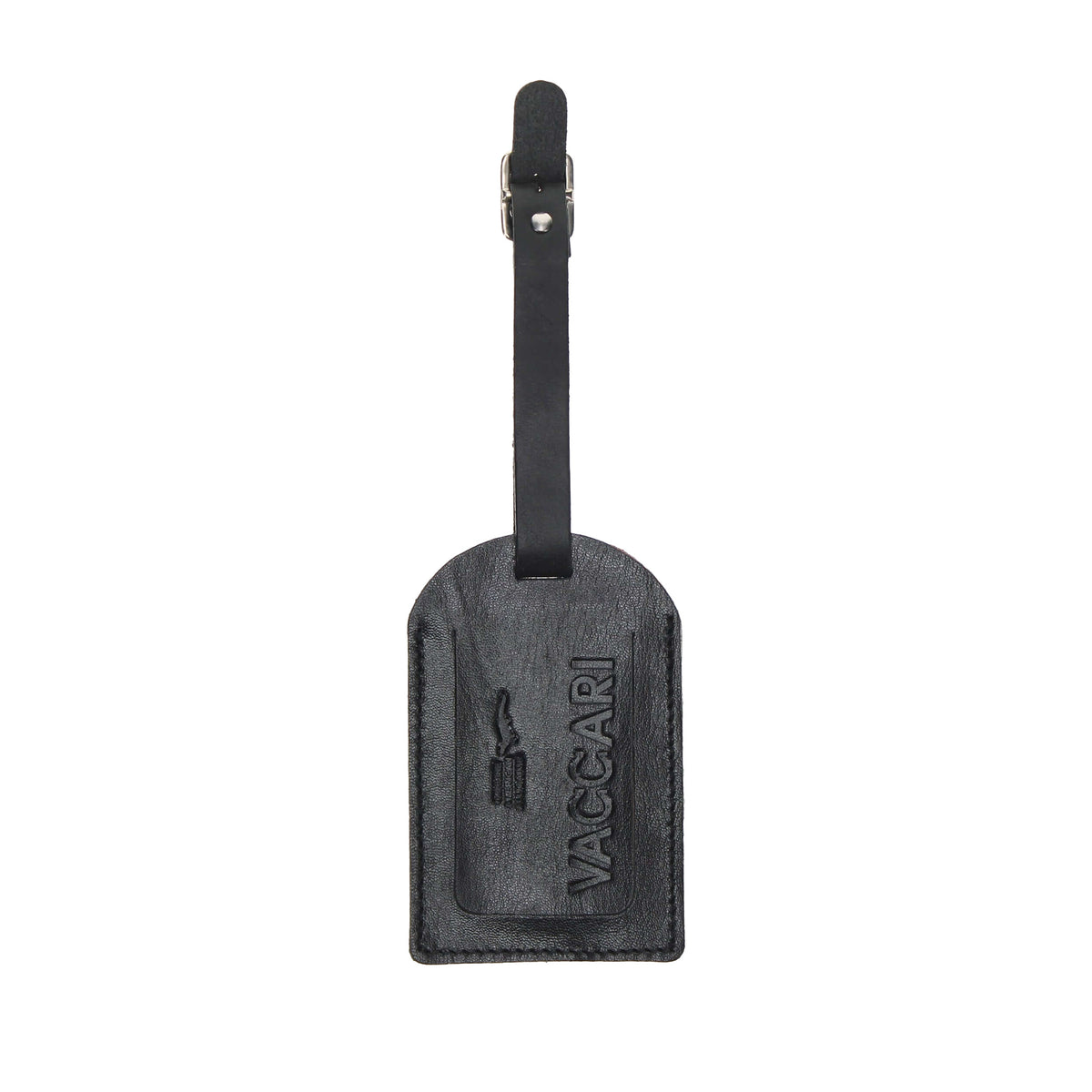 Black leather luggage tag with embossed alligator and VACARI logo, strap loop