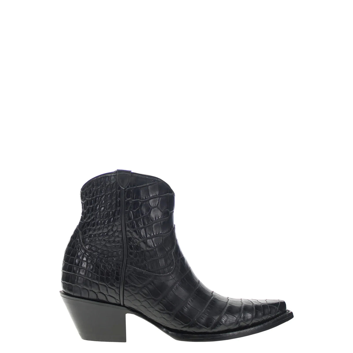 Black alligator belly ankle boot with side zipper and block heel