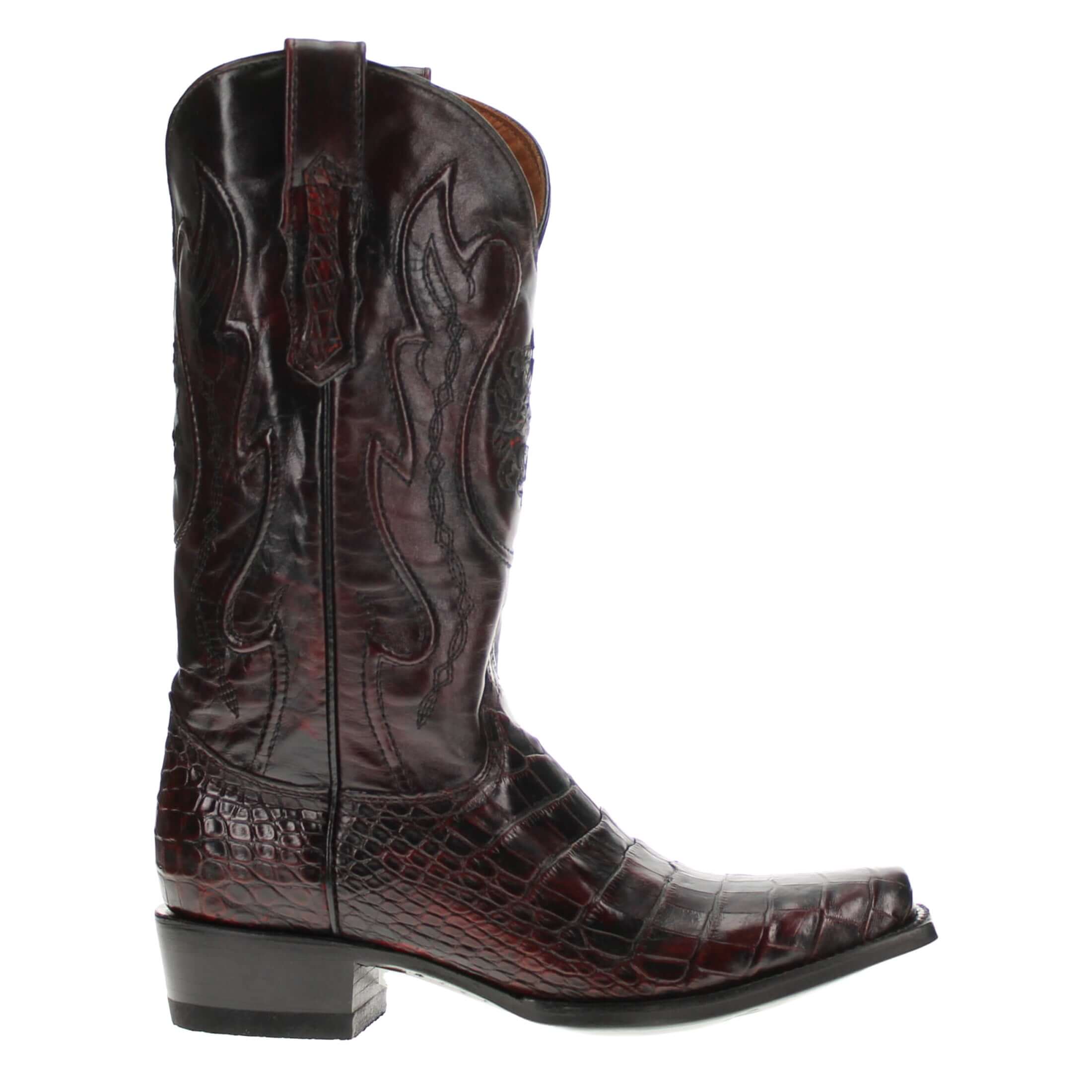 Black Cherry American alligator belly cowboy boots with a caiman texture
