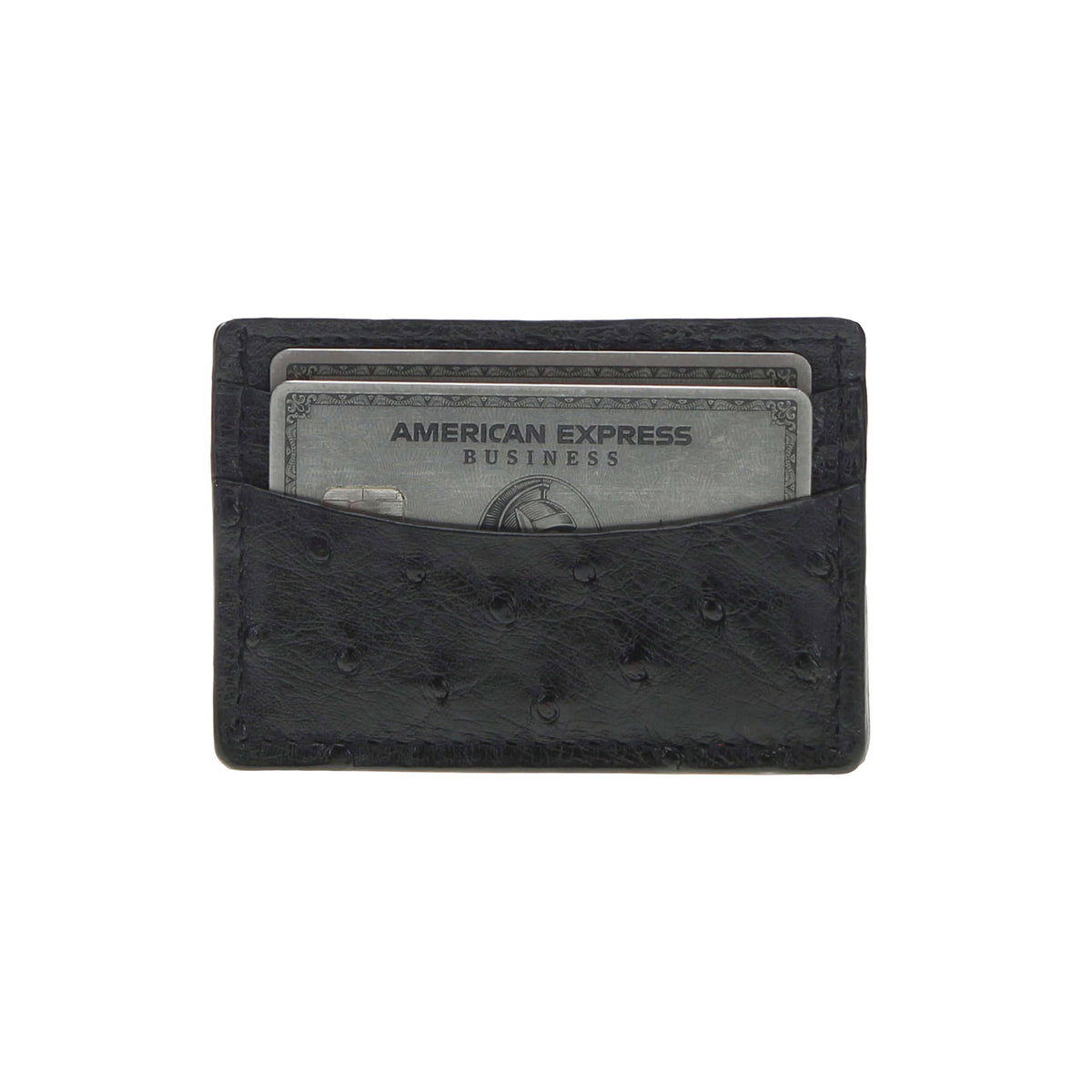 Black ostrich card holder with front card slot, American Express Business card visible