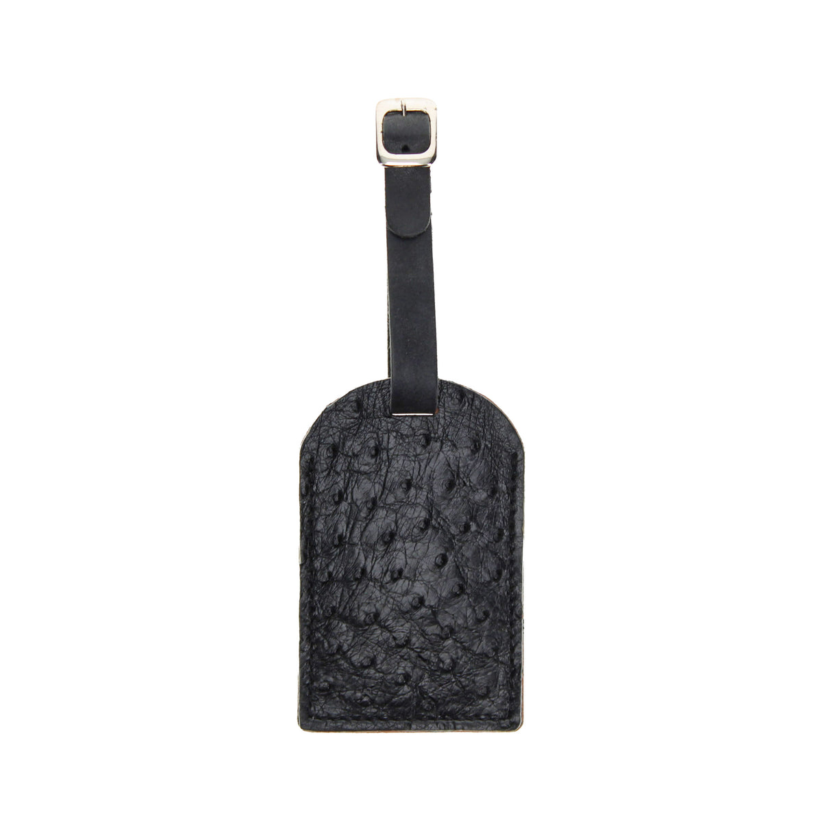 Black ostrich leather luggage tag with hanging strap and metal loop