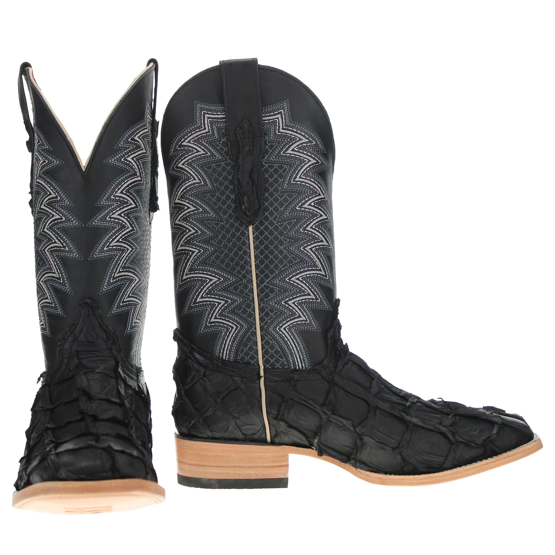 Men's Black Pirarucu Fish Broad Square Toe Cowboy Boots Dylan by Vaccari