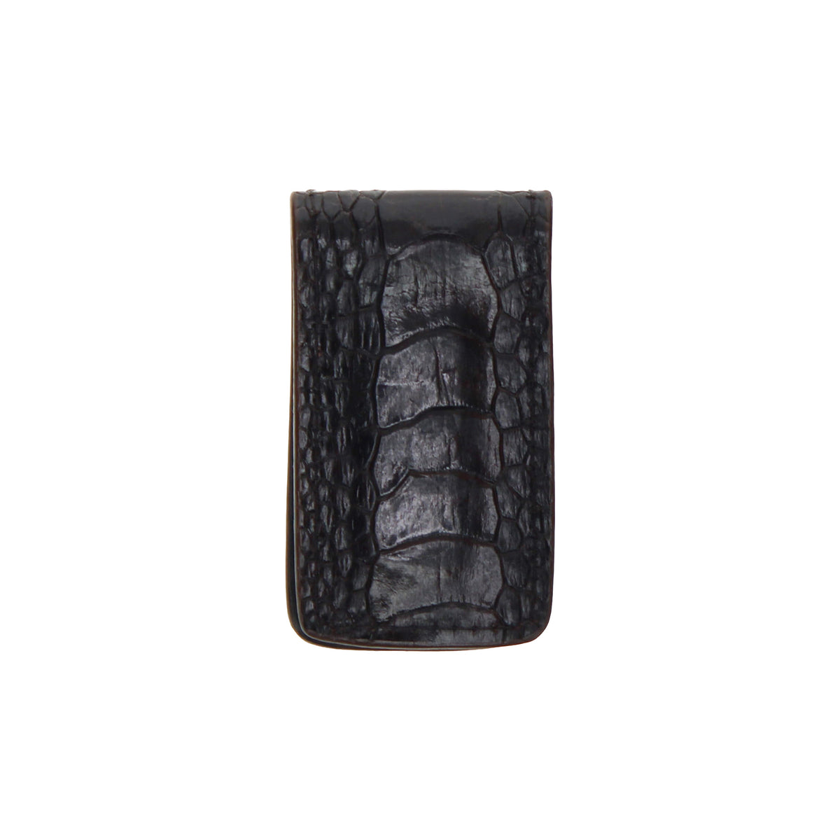Ostrich leg money clip in dark textured leather, slim rectangular design